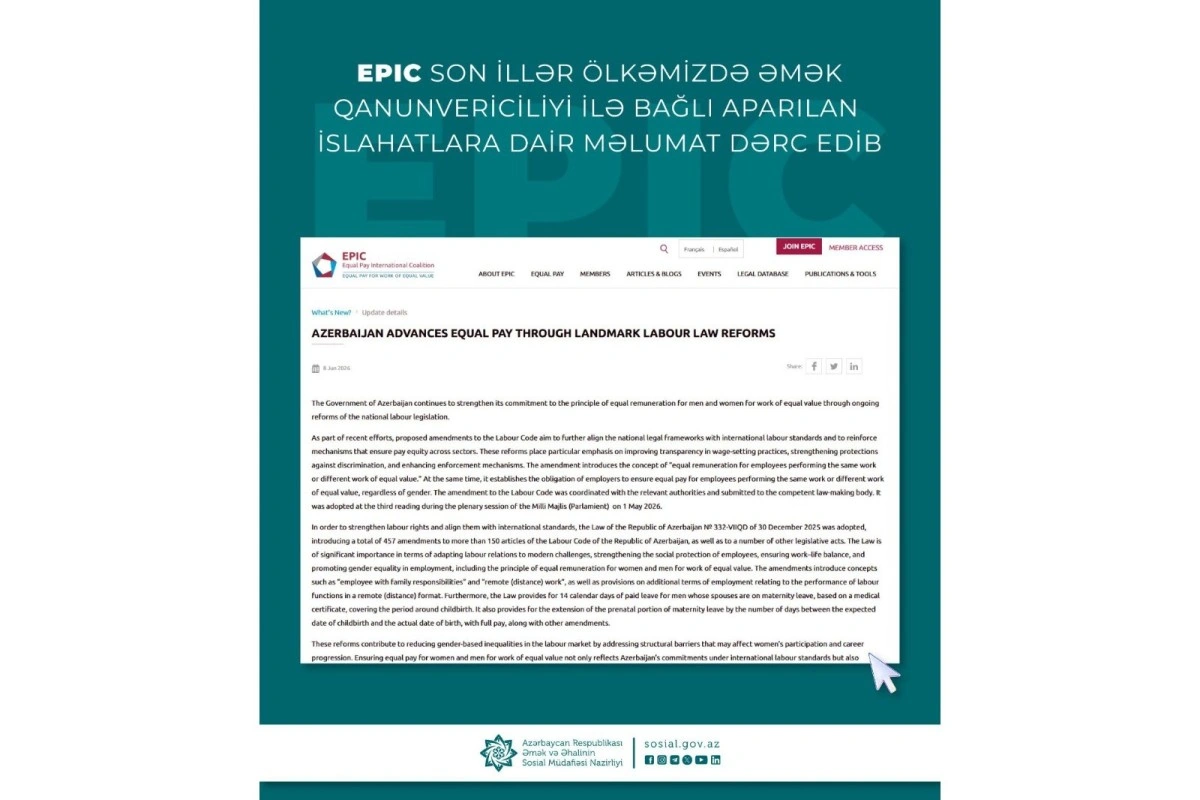 EPIC son illər Azərbaycanda əmək qanunvericiliyi ilə bağlı aparılan islahatlara dair məlumat dərc edib