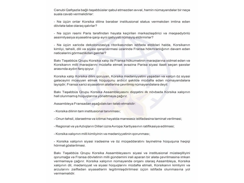 BTQ Korsika Assambleyasının qondarma “Artsax”la bağlı ilkin qanunvericilik təşəbbüsünü pisləyib