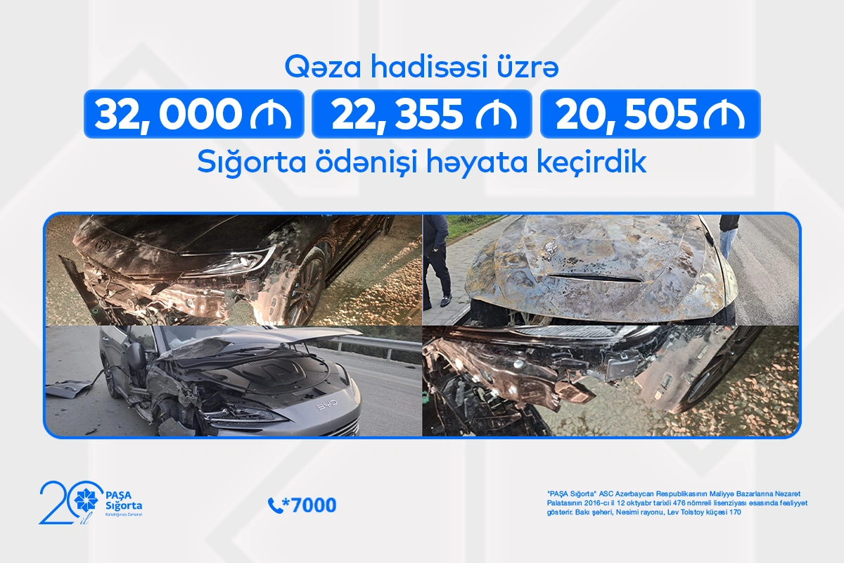 “PAŞA Sığorta” 3 avtomobil hadisəsi üzrə 74 min manatdan çox ödəniş edib