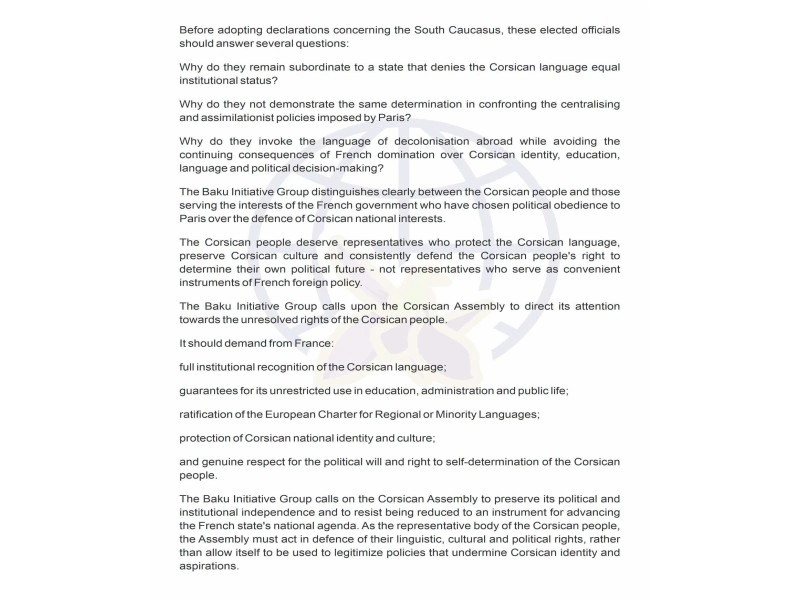 BTQ Korsika Assambleyasının qondarma “Artsax”la bağlı ilkin qanunvericilik təşəbbüsünü pisləyib