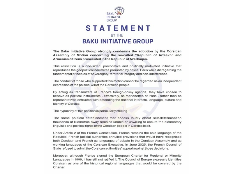 BTQ Korsika Assambleyasının qondarma “Artsax”la bağlı ilkin qanunvericilik təşəbbüsünü pisləyib