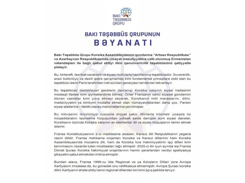 BTQ Korsika Assambleyasının qondarma “Artsax”la bağlı ilkin qanunvericilik təşəbbüsünü pisləyib